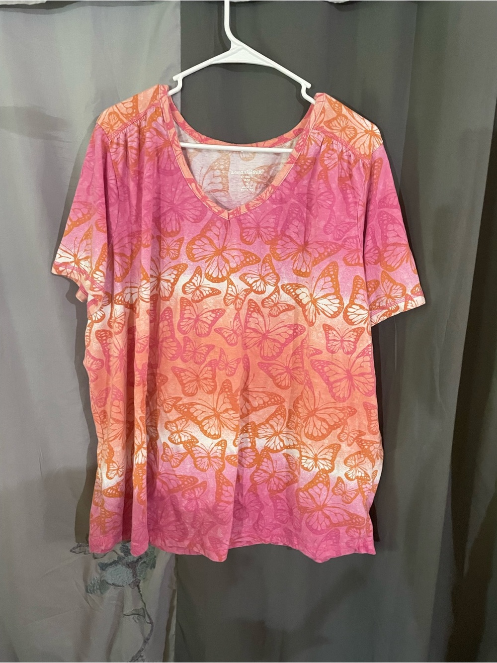 Woman Within Pink & Orange Butterfly V-Neck Short Sleeve Tee